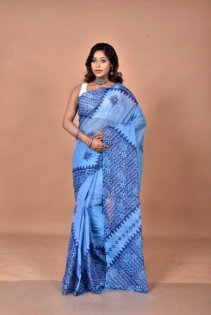Jori check dhonekhali tant handblock Print saree