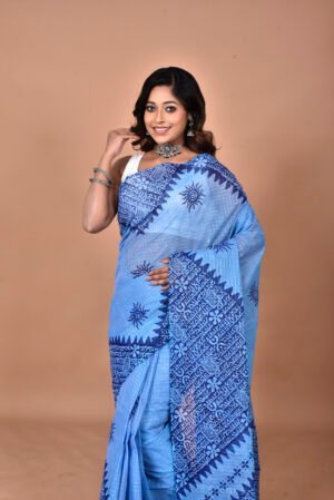 Jori check dhonekhali tant handblock Print saree