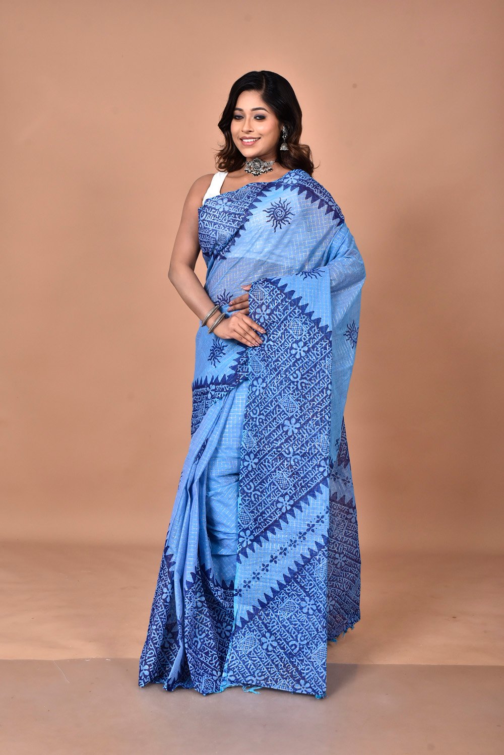 Jori check dhonekhali tant handblock Print saree - Image 5