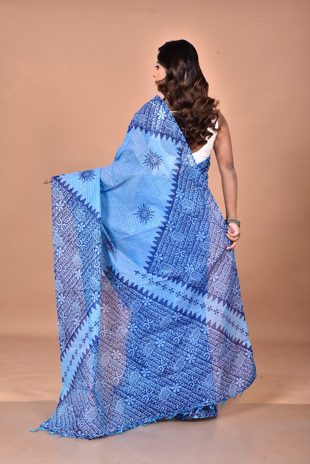 Jori check dhonekhali tant handblock Print saree - Image 6