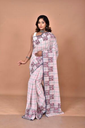 Check dhonekhali tant machine Embroidery saree