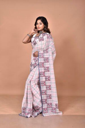 Check dhonekhali tant machine Embroidery saree