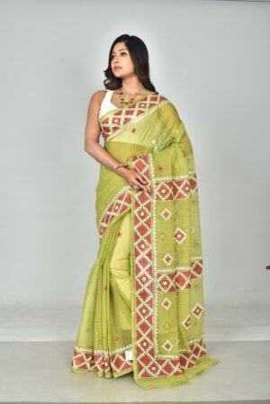 Resom check saree Gujarati Stitch (Hand Embroidery)