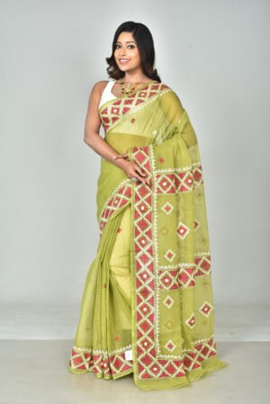 Resom check saree Gujarati Stitch (Hand Embroidery)