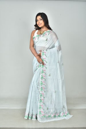 White Chanderi Silk Saree with Machine Embroidery – A Blend of Elegance & Grace