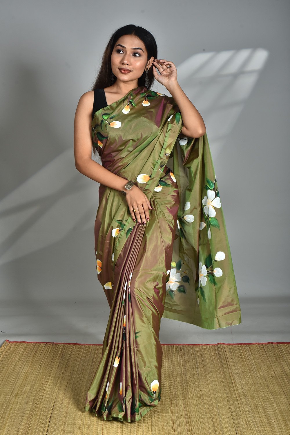 Art Silk saree with Blouse piece fabric painting (Hand work) - Image 11