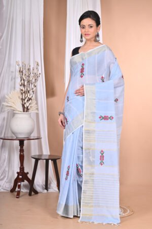 Handmade Gujrati Stitch on Pure Cotton khesh Saree with all over buti work
