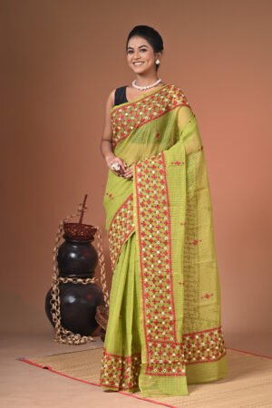 Hand Embroidery Reshom Check Saree with Mirror Work