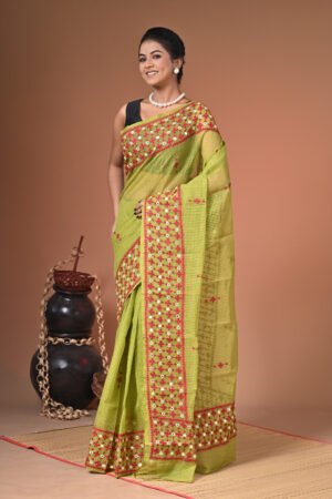 Hand Embroidery Reshom Check Saree with Mirror Work