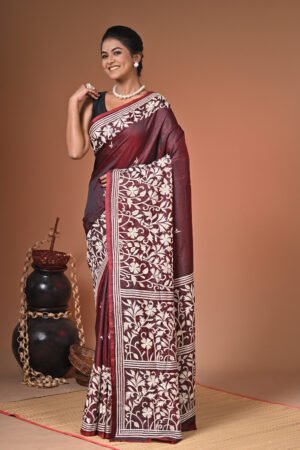 Pure Bishnupuri Katan Silk Saree with Blouse Piece – Kantha Stitch Hand Embroidery