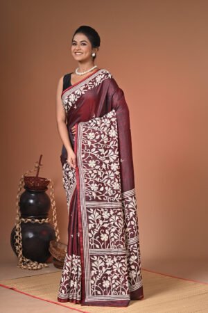 Pure Bishnupuri Katan Silk Saree with Blouse Piece – Kantha Stitch Hand Embroidery