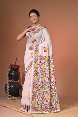 Phulkari Work Maheshwari Silk Saree with Blouse Piece