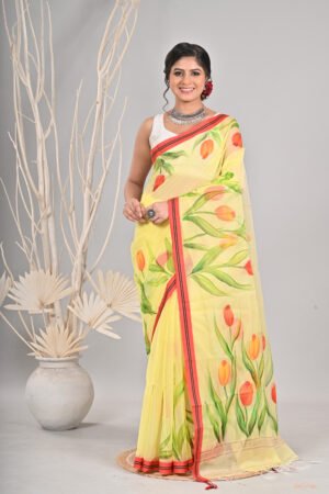Semi resom Hand painting ( tulip work)saree