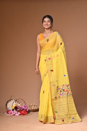 Resom Check Hand-Embroidered Saree – Bulian Knot Stitch & Kanth Sequence Work (Pre-Order)